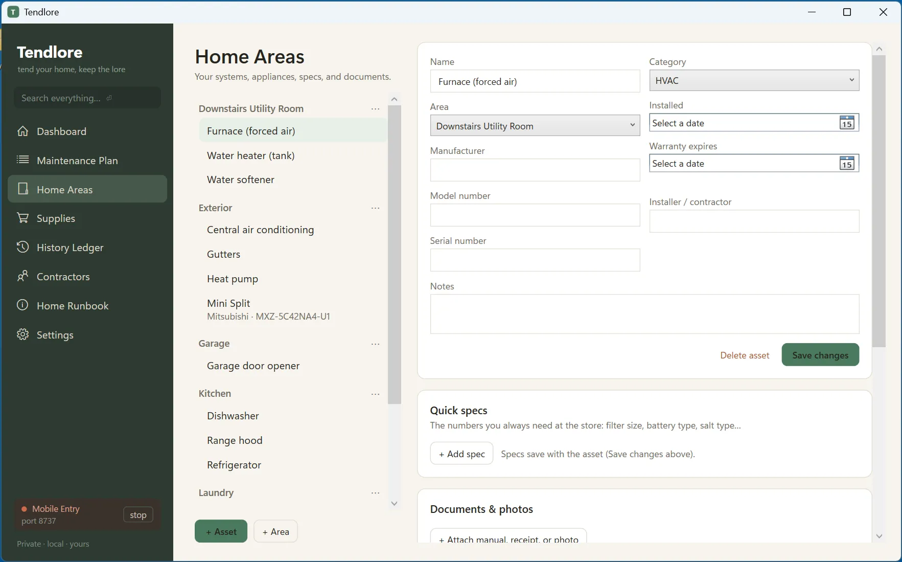 Tendlore's Home Areas binder listing systems by room, with a detail form for model and serial numbers.