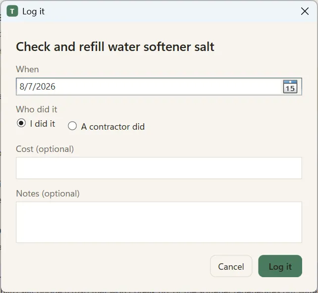 Tendlore's “Log it” dialog: the date, whether you or a contractor did the work, an optional cost, and notes.