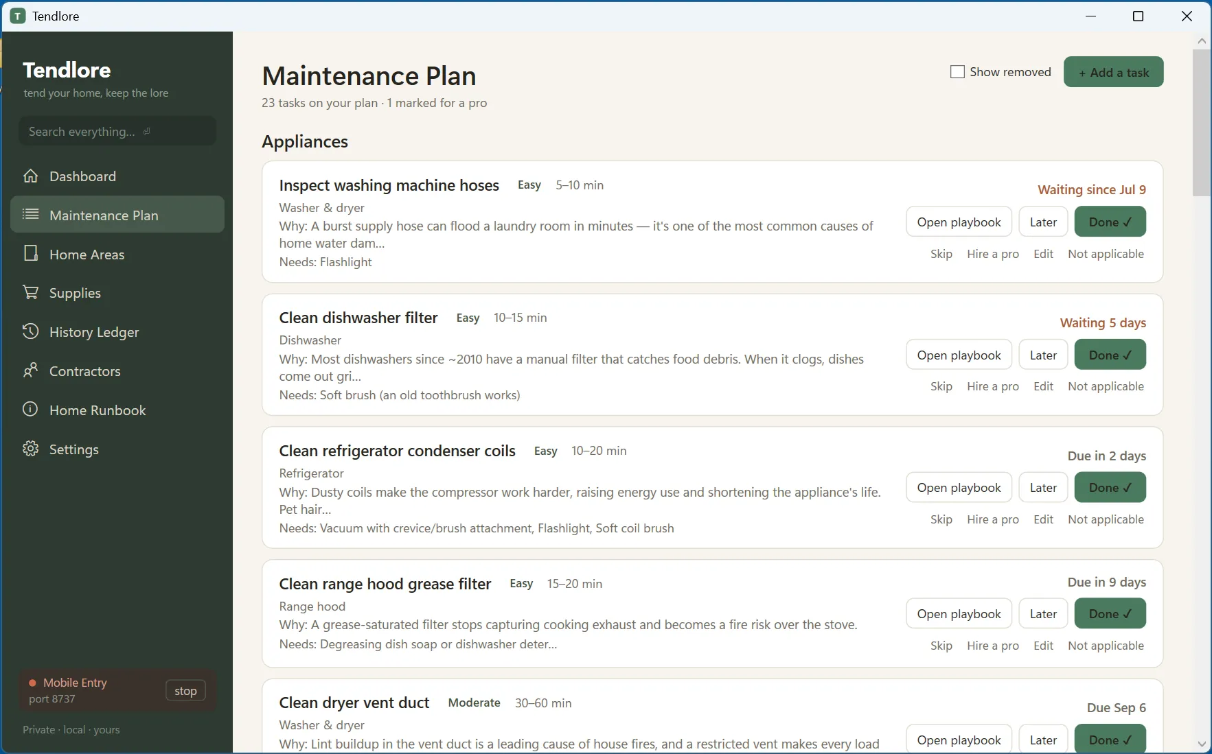 Tendlore's Maintenance Plan, grouped by category, each task showing why it matters and what it needs.