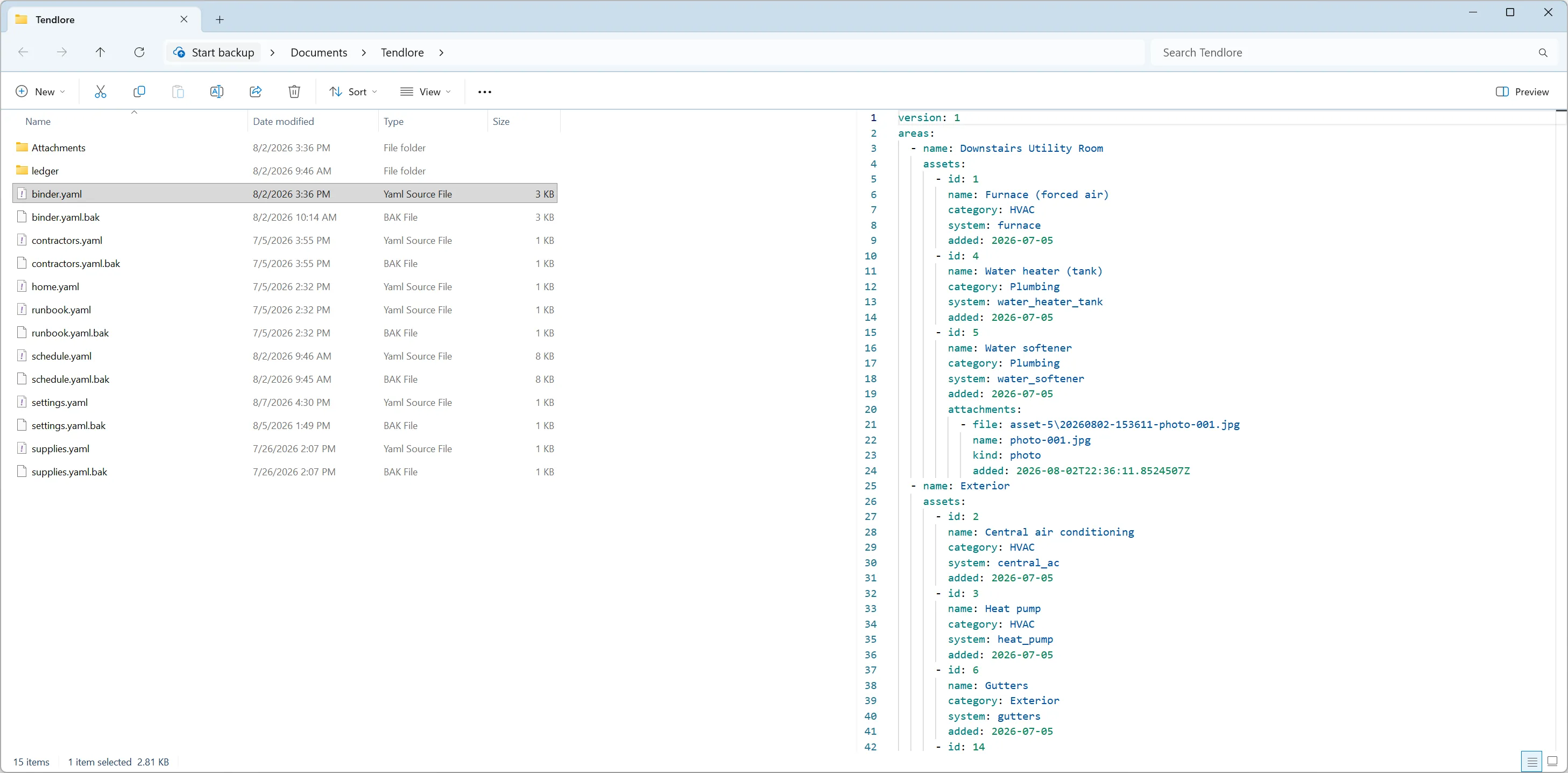 Windows File Explorer showing Tendlore's data folder — binder.yaml, schedule.yaml, supplies.yaml and an Attachments folder — with binder.yaml's plain-text contents in the preview pane.