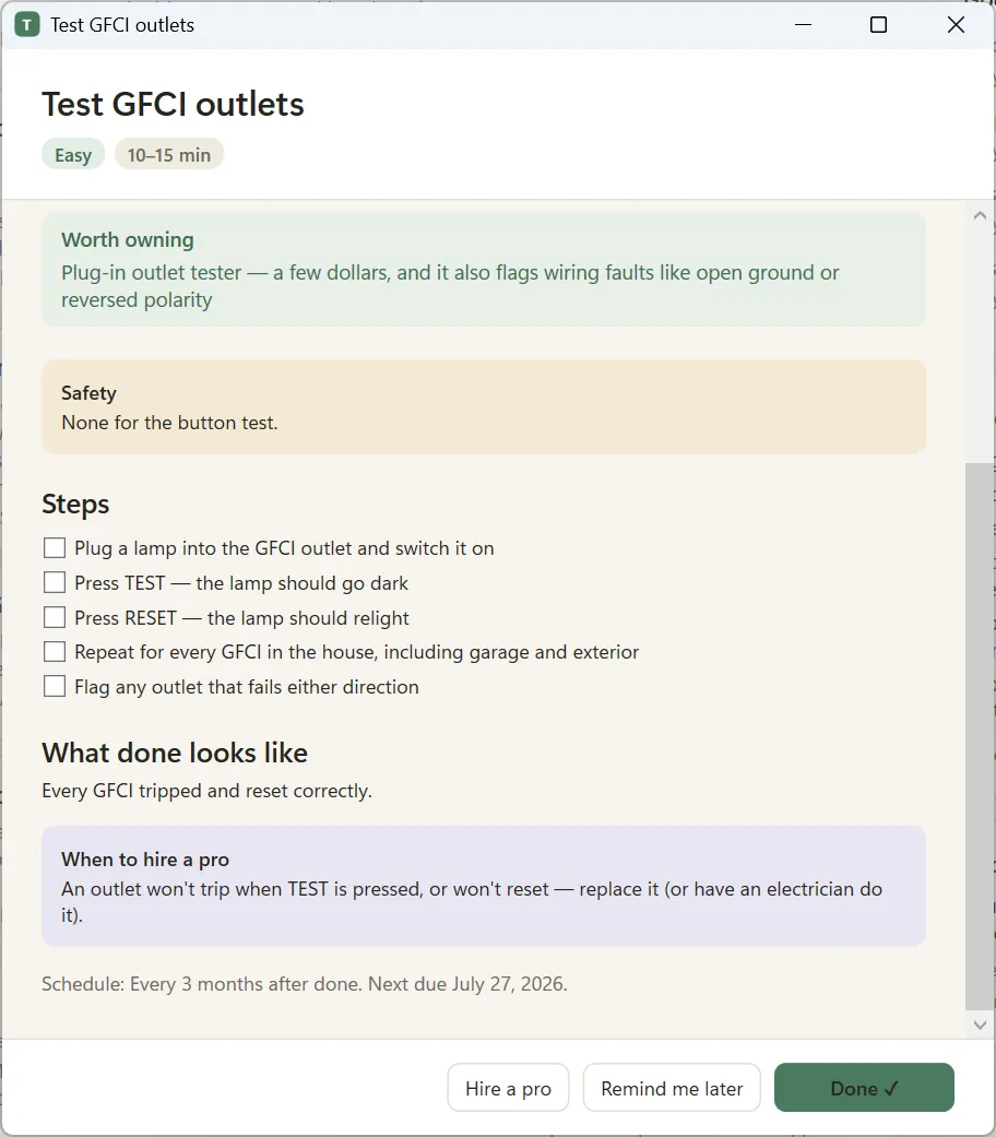 A Tendlore playbook for testing GFCI outlets: the tool worth owning, a safety note, five checkable steps, what done looks like, and when to hire a pro.