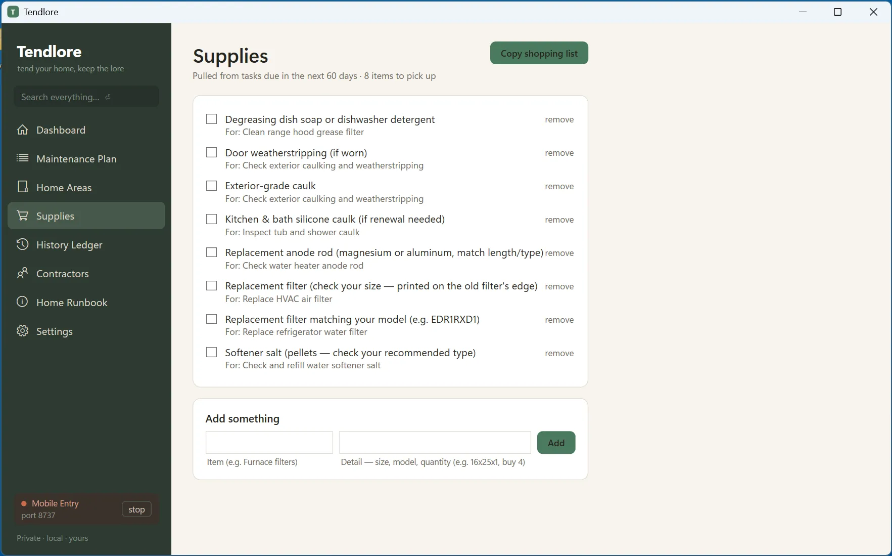 Tendlore's Supplies list, gathered from upcoming tasks, with a copy-shopping-list button.